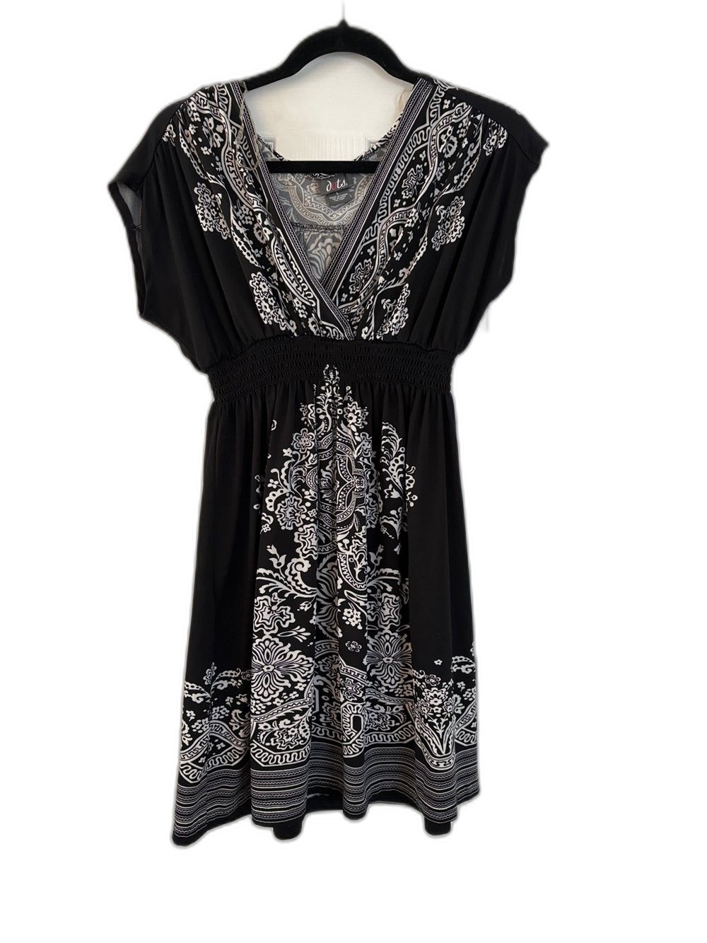 Dots Boho Paisley Print V-Neck Empire Waist Tunic Dress Black White Large L